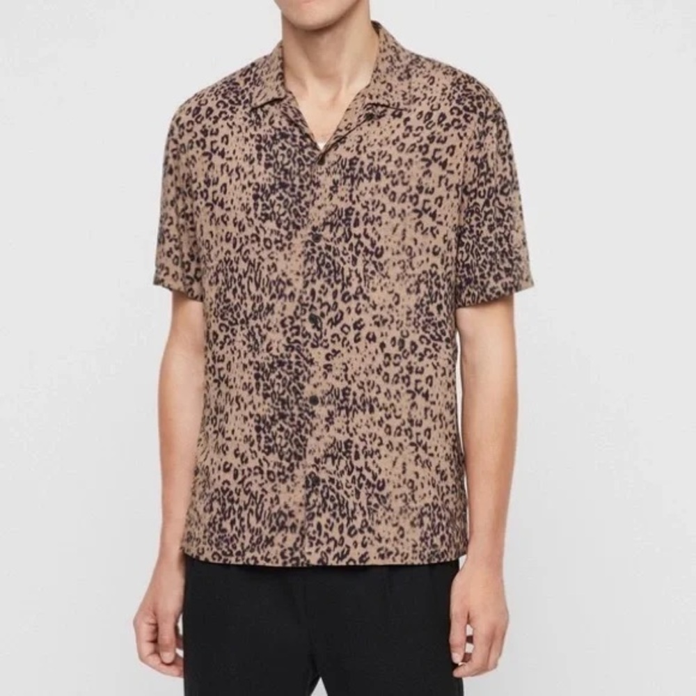 All Saints Patch Short Sleeve Button Down Shirt Leopard Print Size Small
